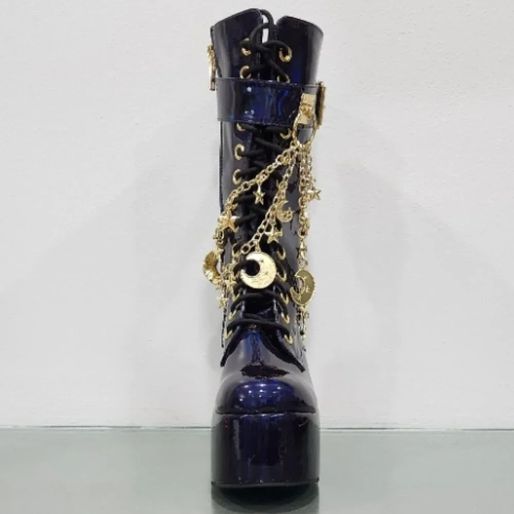 🦋🔥💋HOT ITEM! 💋🦋🔥Holographic Midnight Blue Moon & Star Chain Leather Boots